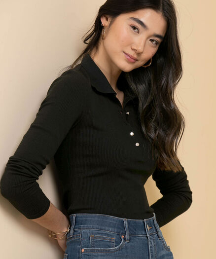 Long Sleeve Collared Rib Top, Solid Black Long Sleeve Collared Rib Top, Solid Black