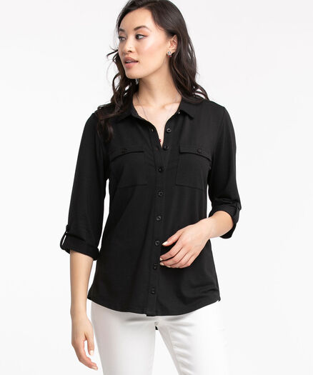 Knit Collared Button Front Shirt, Black