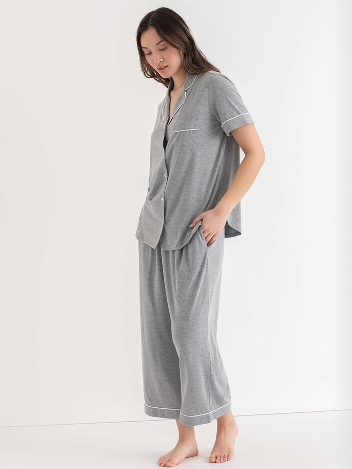 Short Sleeve Button Down Shirt with Crop Pant Sleep Set Image 3