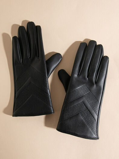 Chevron Detail Faux Leather Gloves , Black