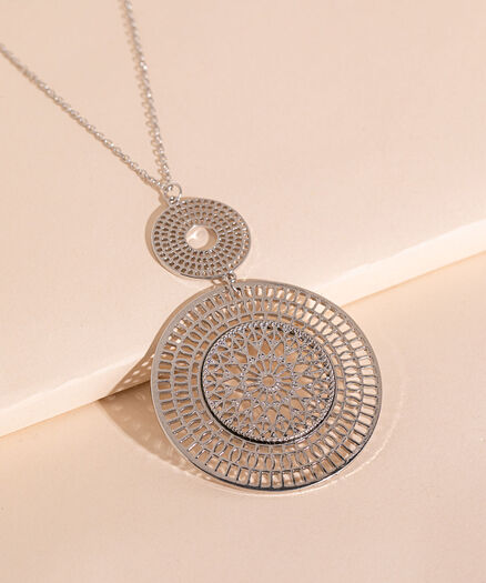 Long Boho Necklace with Large Disks, Silver