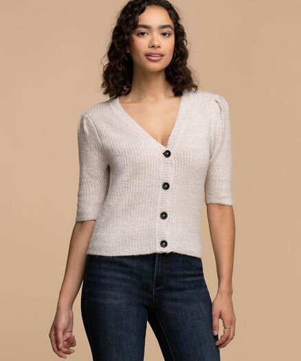 Puff Sleeve Button Front Cardigan, Natural