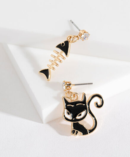 Cat and Fish Earring, Black