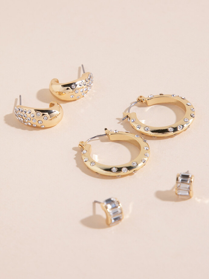 14K Gold Scattered Pave Hoops + Stud Earrings Set Image 1