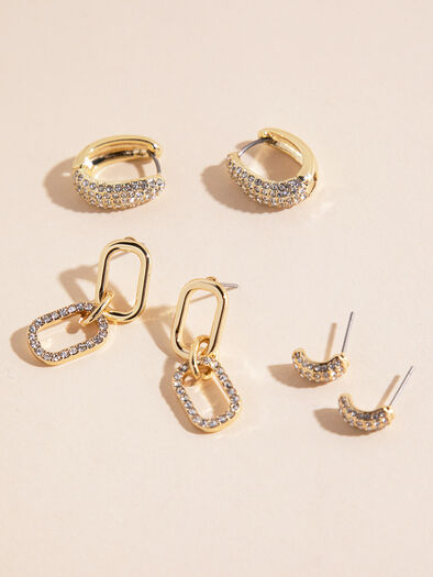 Gold Pave Paperclip + Hoop + Stud Earring Set, Gold