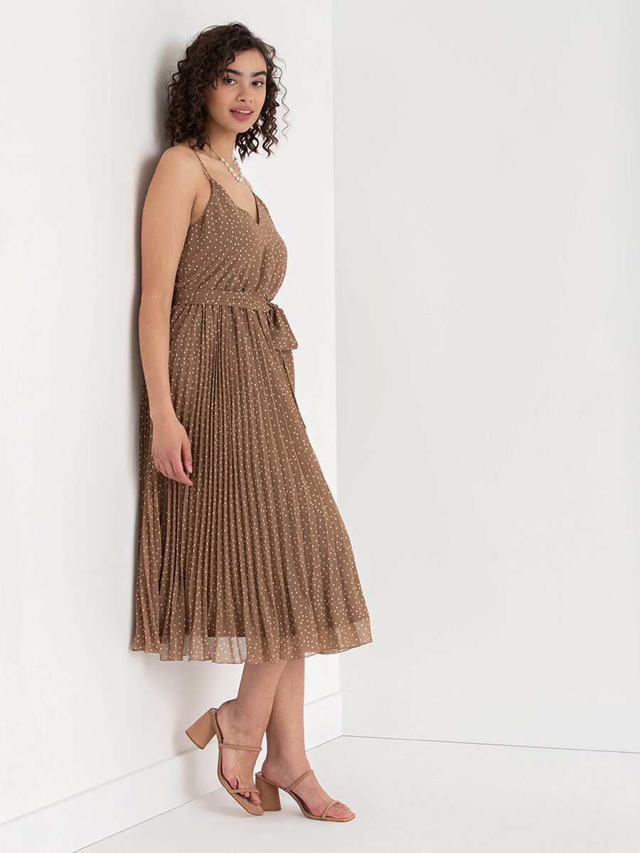 V-Neck Pleated Skirt Midi Dress