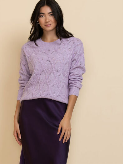 Pointelle Shimmer Pullover Sweater, Purple Rose