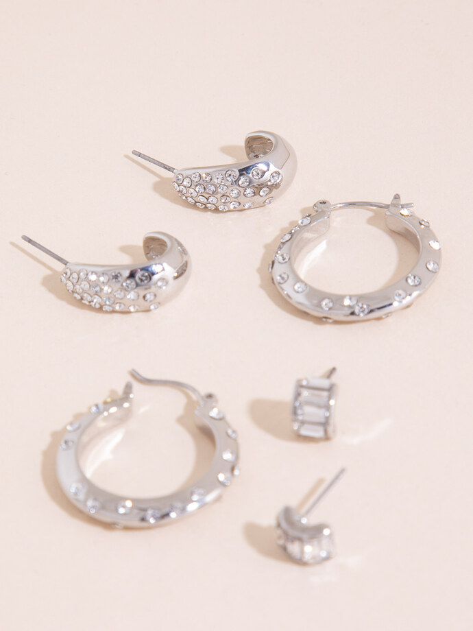 Silver Scattered Pave Hoops +Stud Earrings Set Image 3