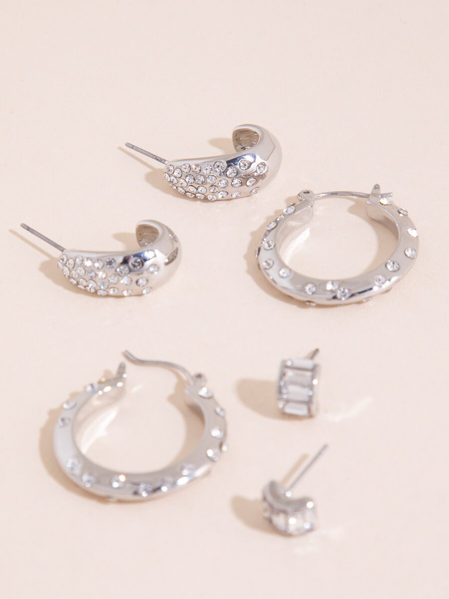 Silver Scattered Pave Hoops +Stud Earrings Set