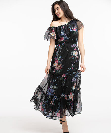 Sleeveless Sheer Ruffle Dress, Black/Pink Digital Print
