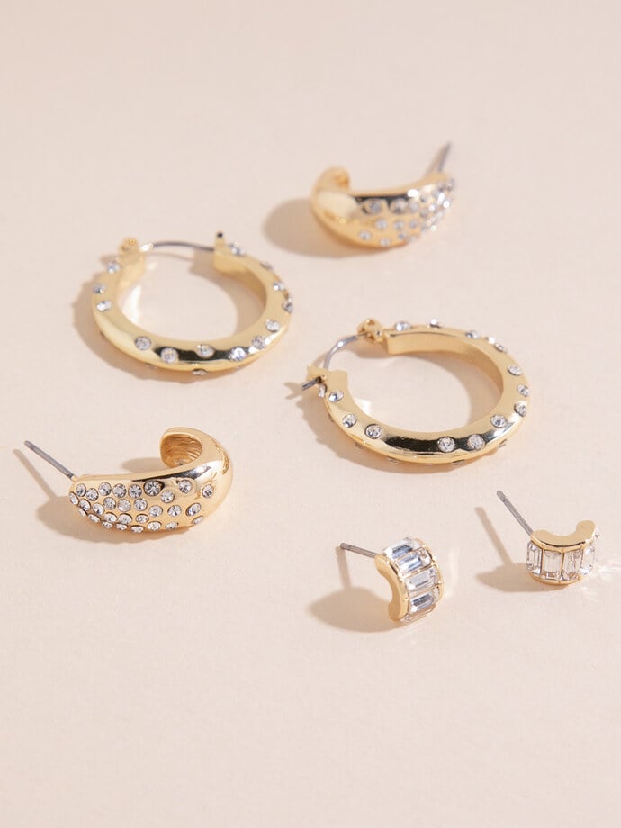 14K Gold Scattered Pave Hoops + Stud Earrings Set Image 3