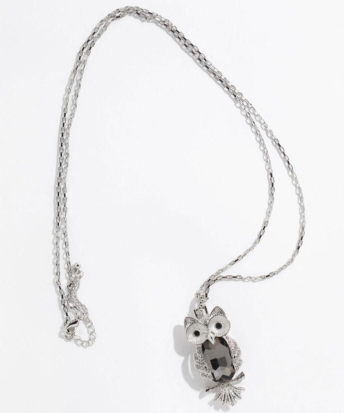 Long Silver Gemmed Owl Necklace Image 2