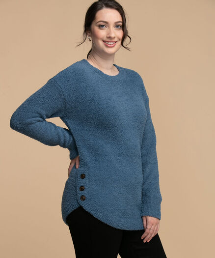 Side Button Teddy Sweater, Blue Horizon