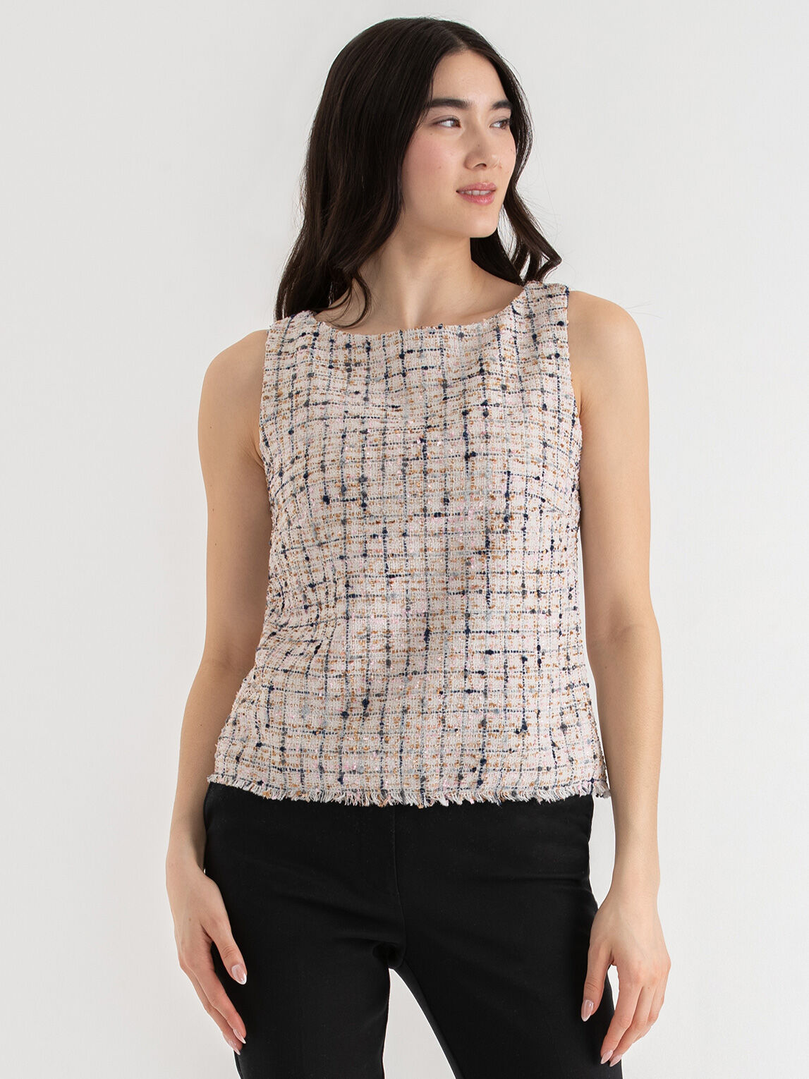 Sleeveless Boucle Top with Fringe Hem | Rickis