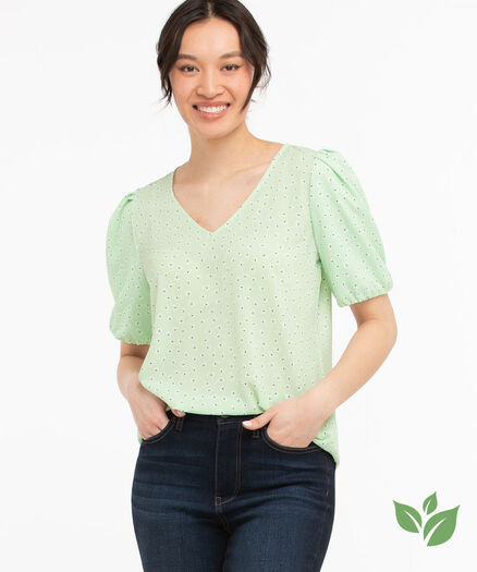 Eco-Friendly Puff Sleeve Blouse, Green Ditsy Floral