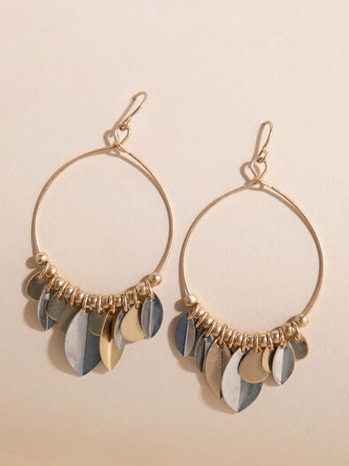 Drop Hoop Earrings with Metal Leaves, Antique Gold