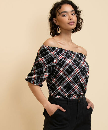 3/4 Sleeve Off-Shoulder Peasant Top, Plaid 3/4 Sleeve Off-Shoulder Peasant Top, Plaid