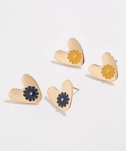 70s Heart Earring 2-Pack, Gold/Yellow/Navy