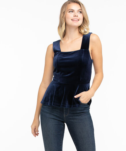 Velvet Strappy Peplum Top, Dark Blue Velvet Strappy Peplum Top, Dark Blue
