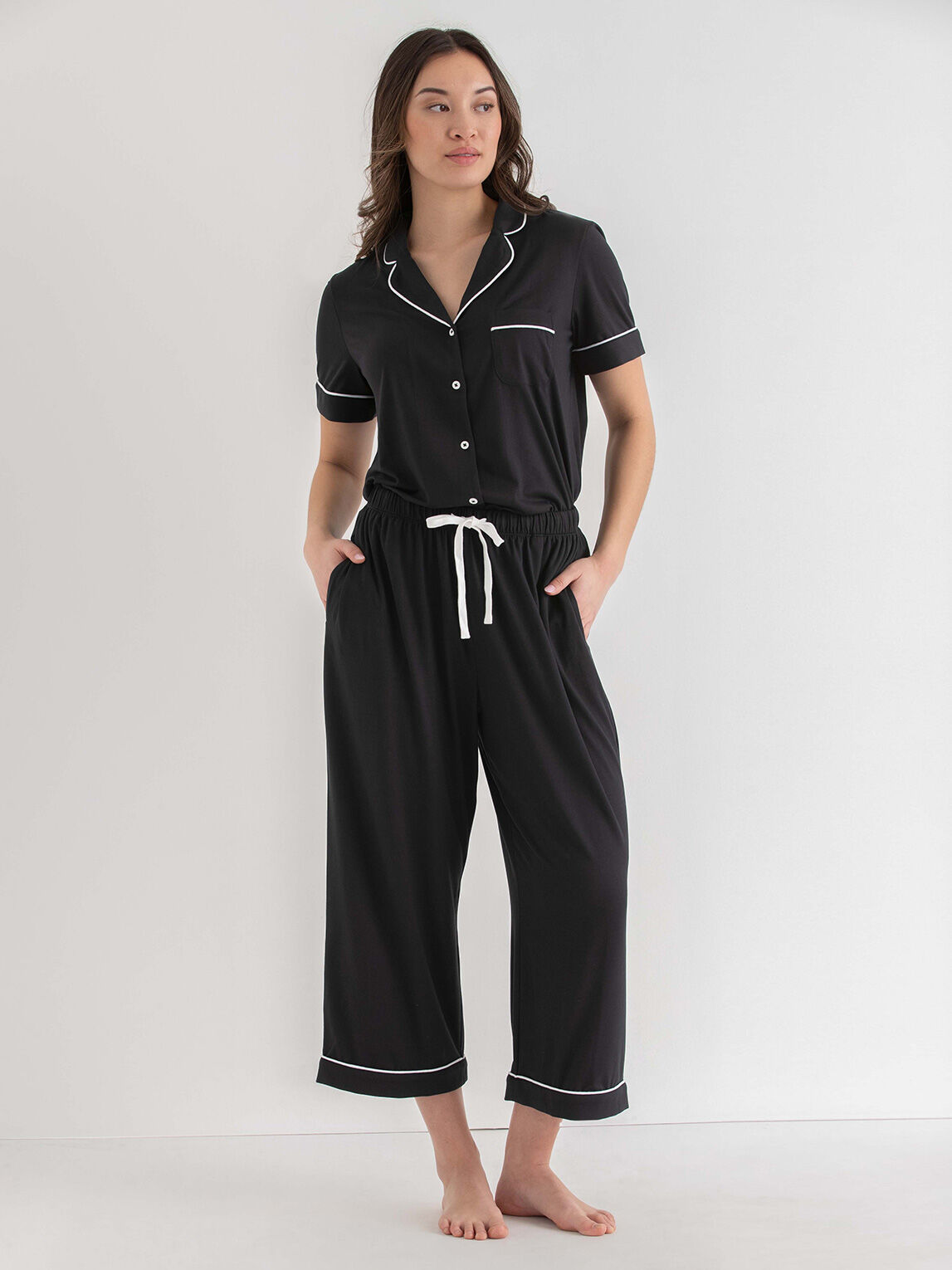 Short Sleeve Button Down Shirt with Crop Pant Sleep Set