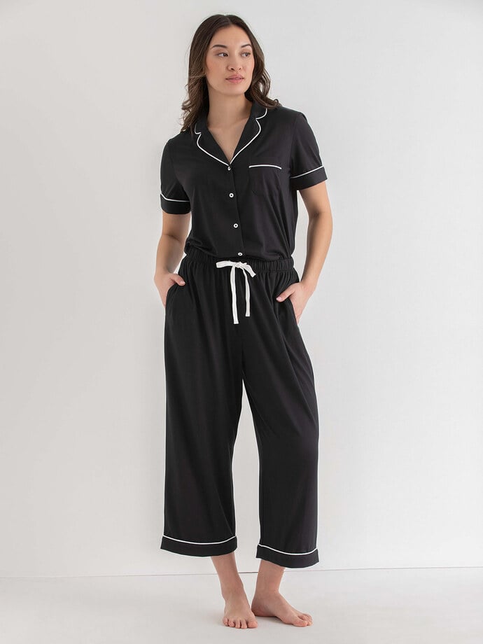 Short Sleeve Button Down Shirt with Crop Pant Sleep Set Image 1