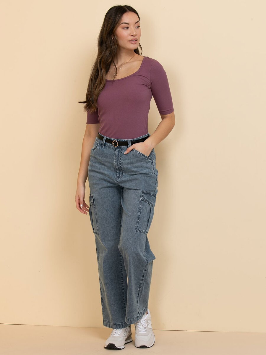 Ribbed Scoop Neck Top with Elbow Sleeves
