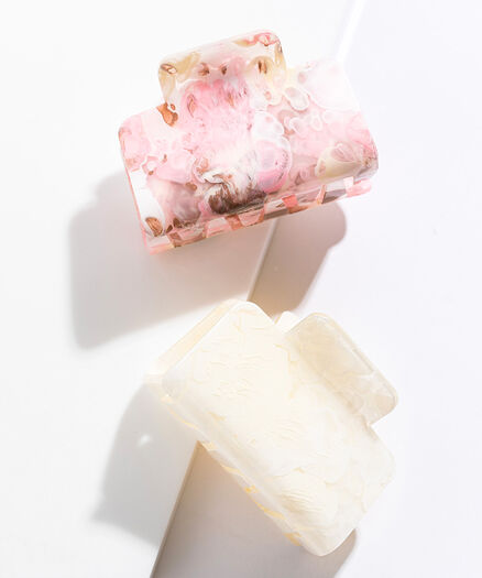 Pink Marble & Cream Square Claw Clip 2-Pack, Pink/Brown/White