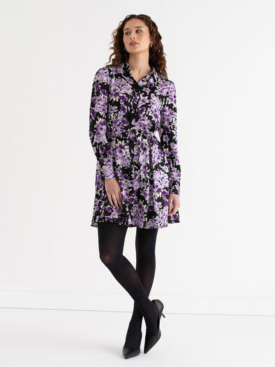Collared Button-Front Dress with Tie Waist, Purple Floral Collared Button-Front Dress with Tie Waist, Purple Floral