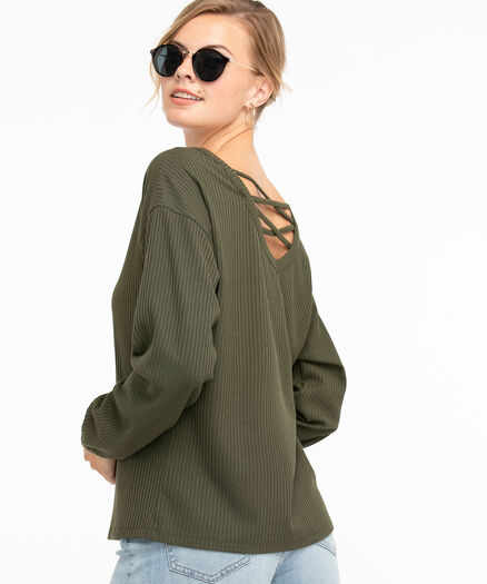 Ribbed Long Sleeve Back Detail Top, Forest Night