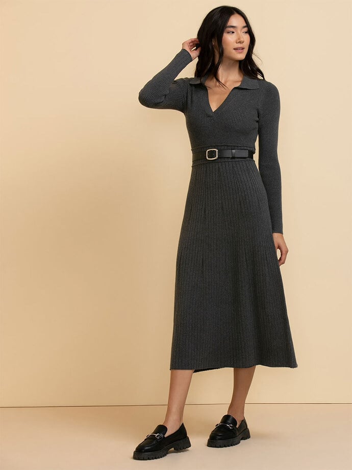 Polo Collar Ribbed Sweater Dress Image 3