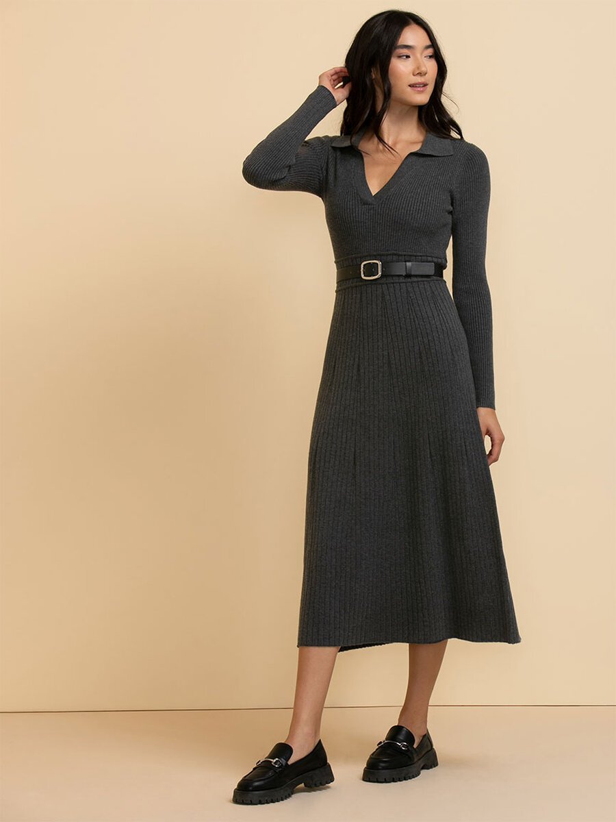 Polo Collar Ribbed Sweater Dress