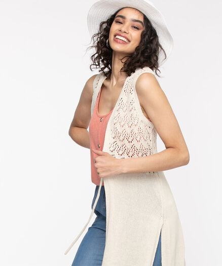 Pointelle Tie Waist Sweater Vest, Oatmeal Pointelle Tie Waist Sweater Vest, Oatmeal