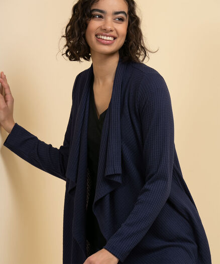 Drape Front Waffle Cardigan, Navy Drape Front Waffle Cardigan, Navy