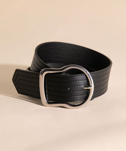 Black Belt with Large Silver Buckle, Black Black Belt with Large Silver Buckle, Black