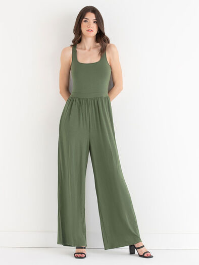 Sleeveless Wide Leg Jumpsuit, Bronze Green Sleeveless Wide Leg Jumpsuit, Bronze Green