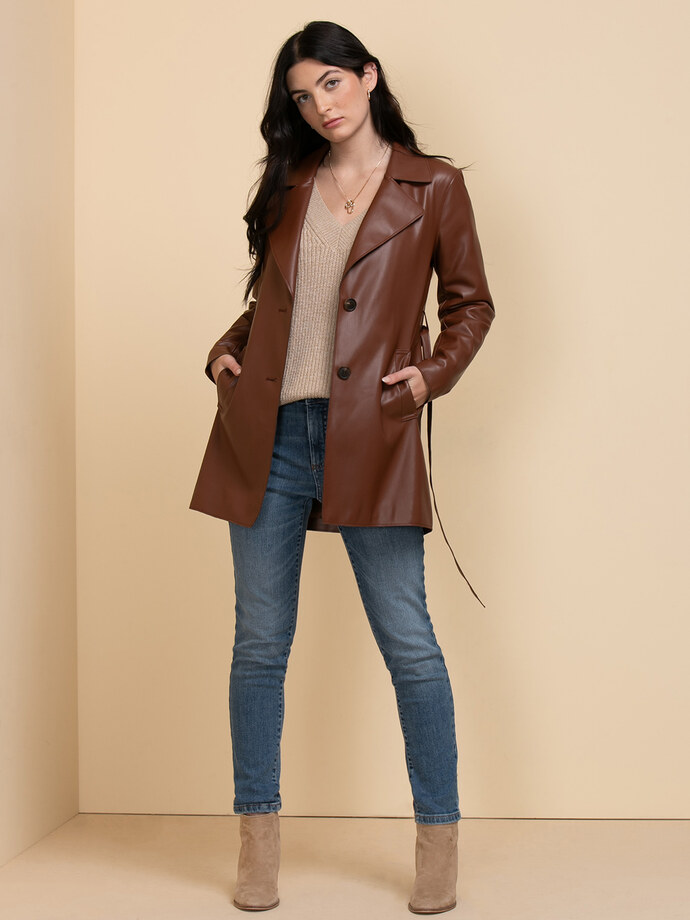Belted Faux Leather Trench Coat  Image 1
