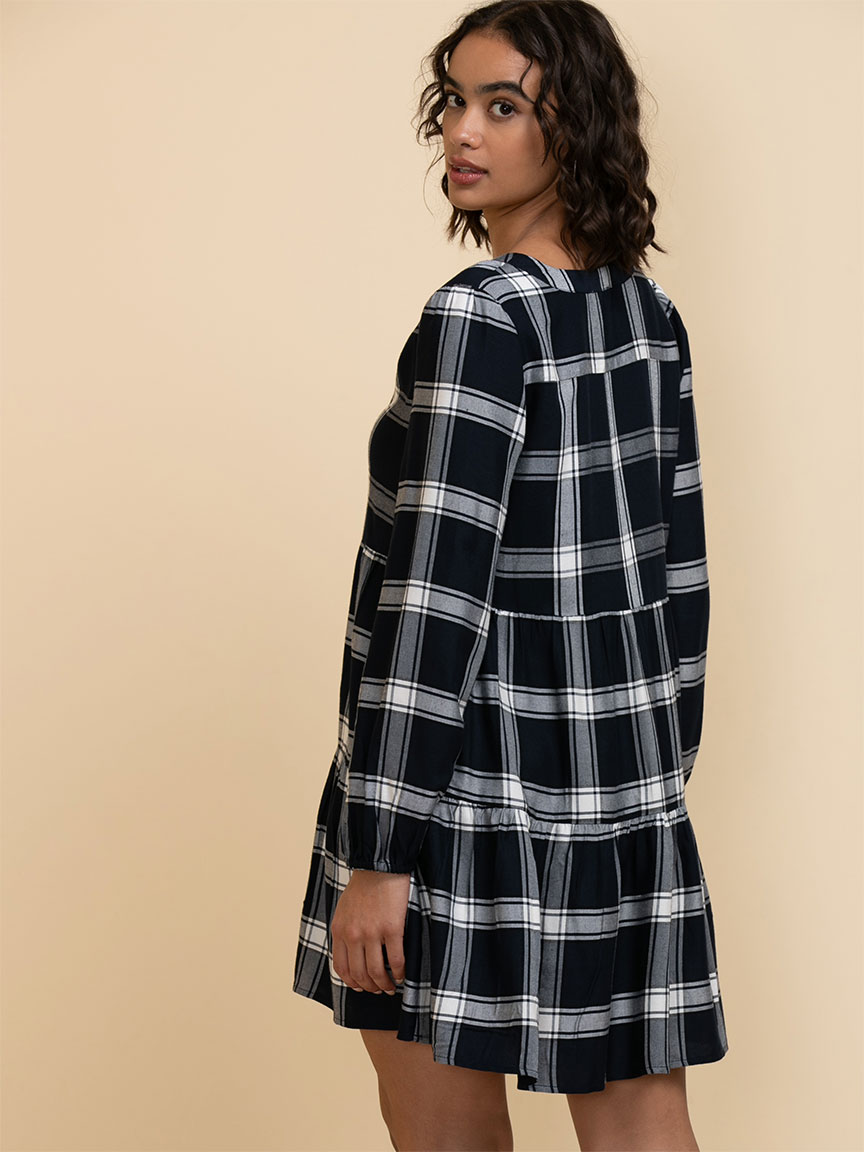 Long Sleeve Plaid Tiered Dress