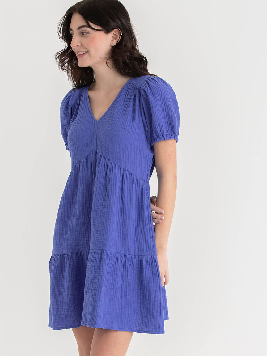 Puff Sleeve Tiered Dress Crinkle Cotton