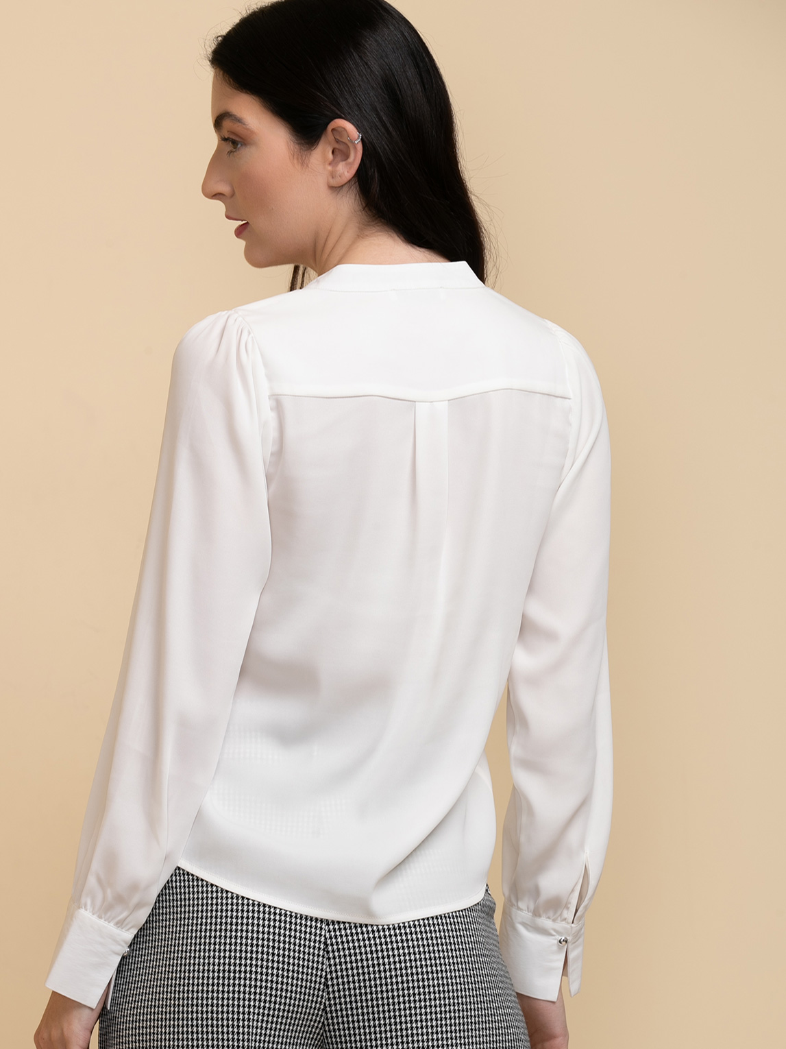 Long Sleeve V-Neck Blouse with Silver Buttons