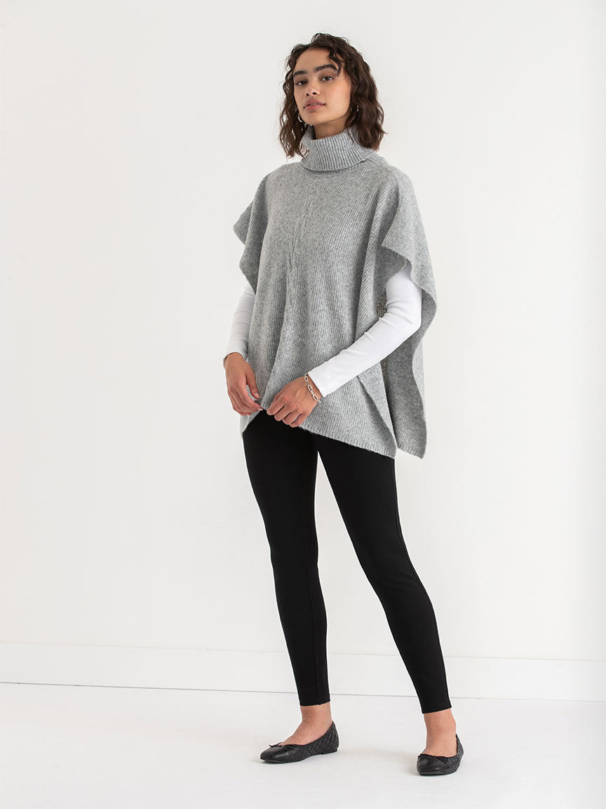 Turtleneck Poncho Sweater with Cable Knit Detail