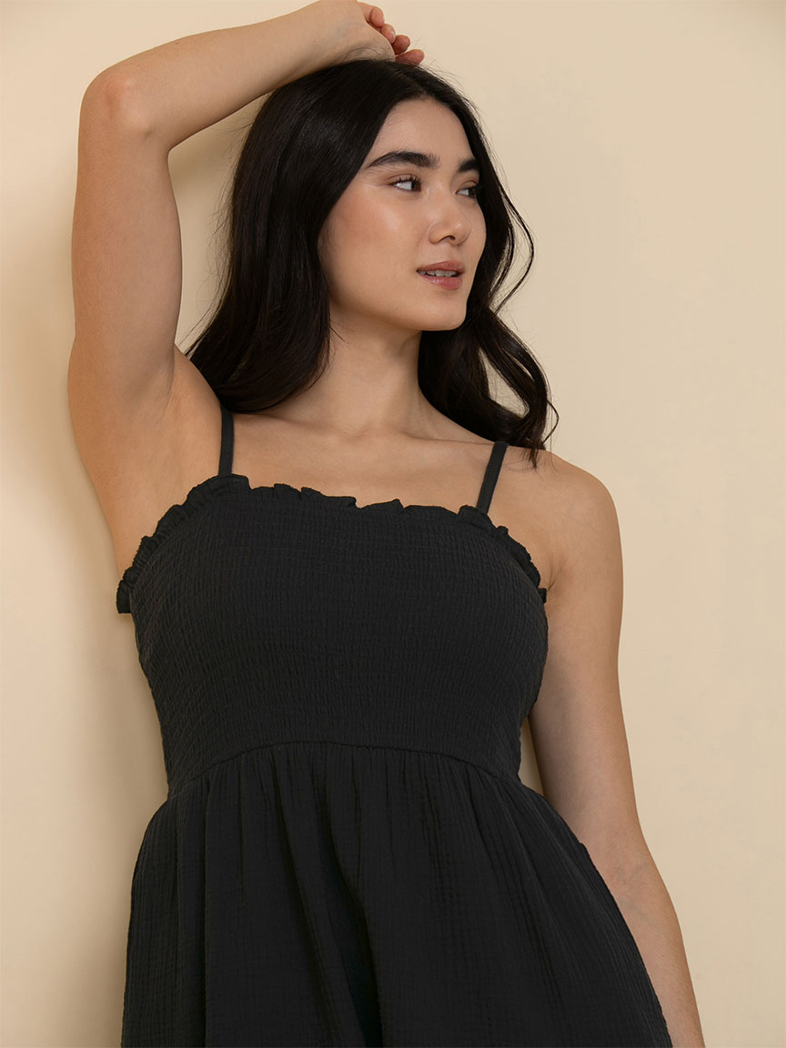 Smocked Bodice Tiered Dress Crinkle Cotton