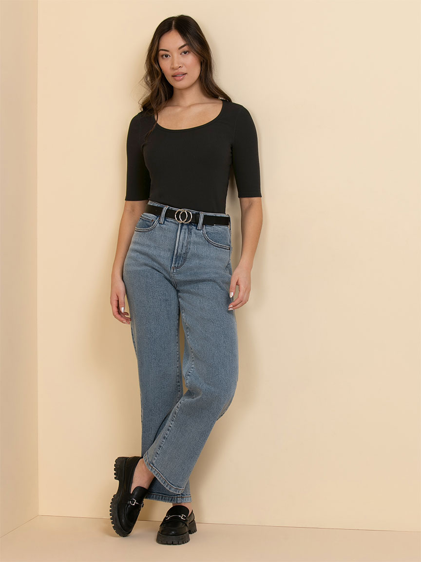 Ribbed Scoop Neck Top with Elbow Sleeves