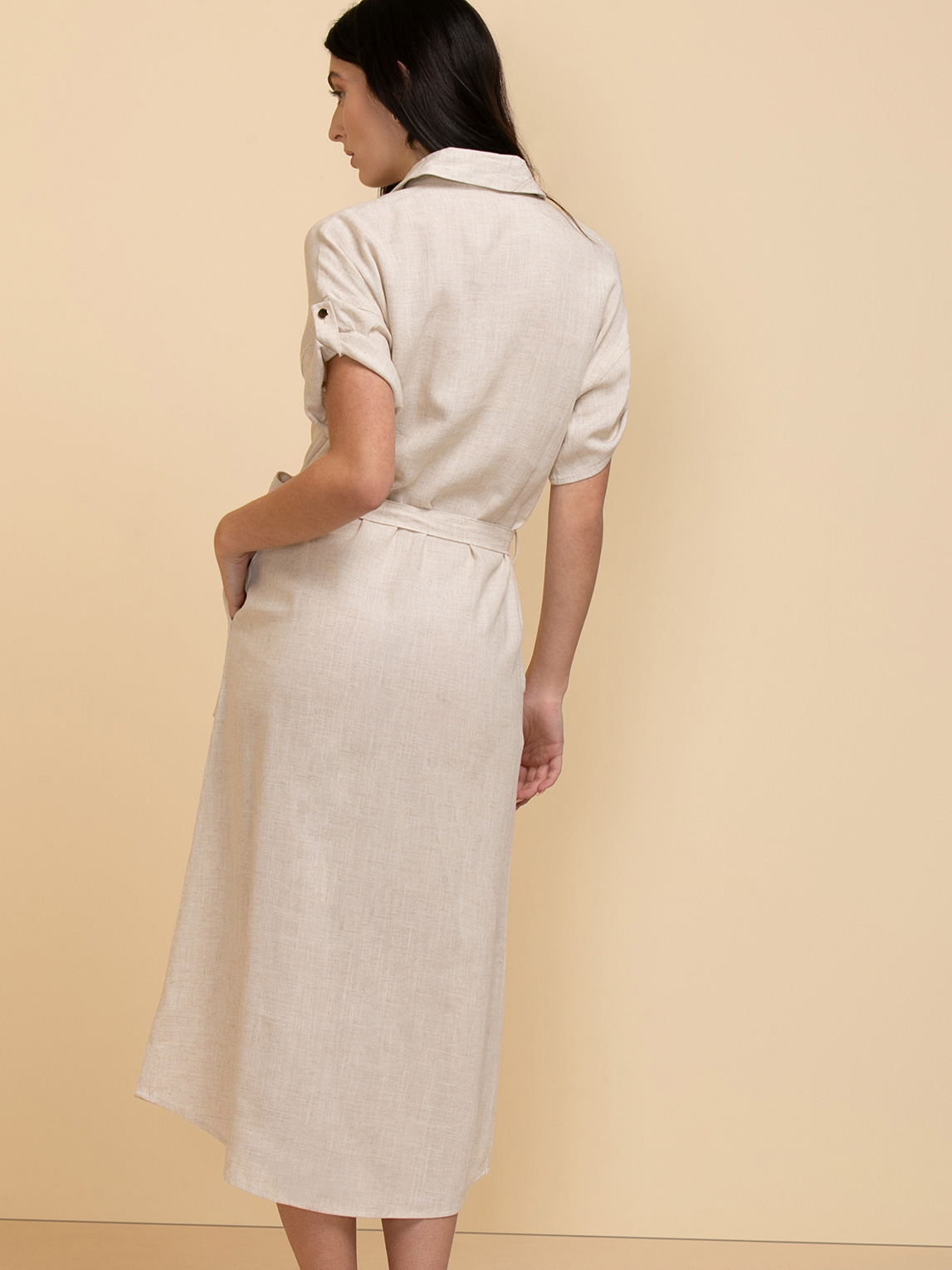 Linen Shirtdress with Roll Sleeves