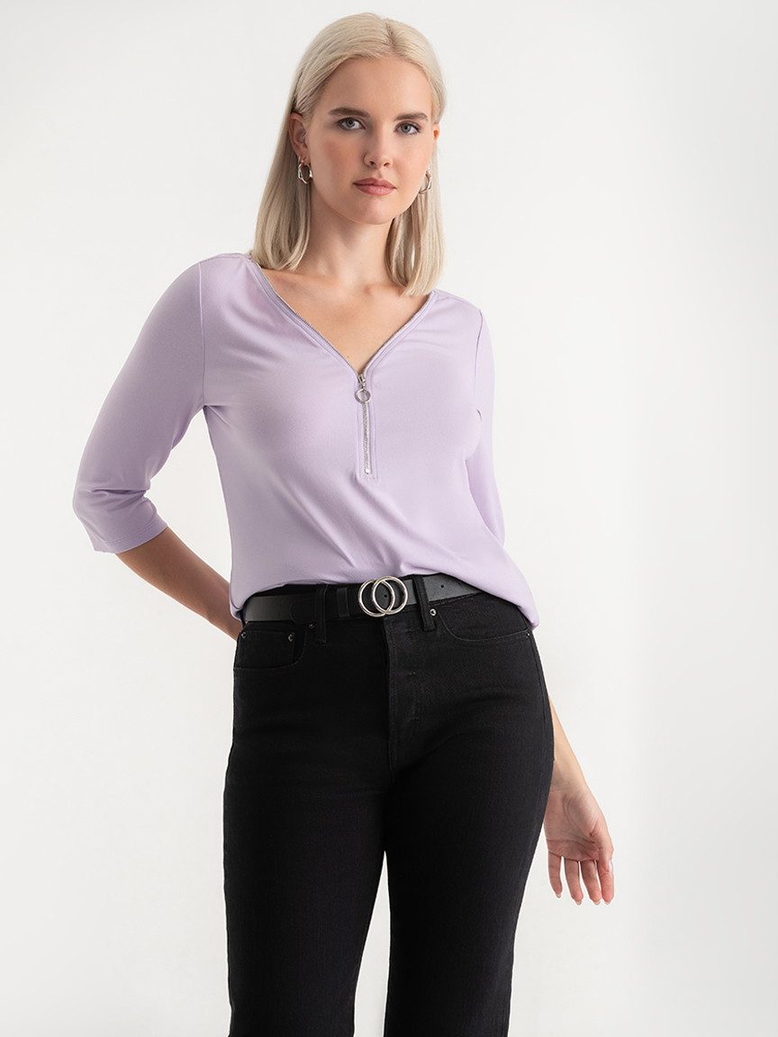 V-Neck Zipper 3/4 Sleeve Top | Rickis