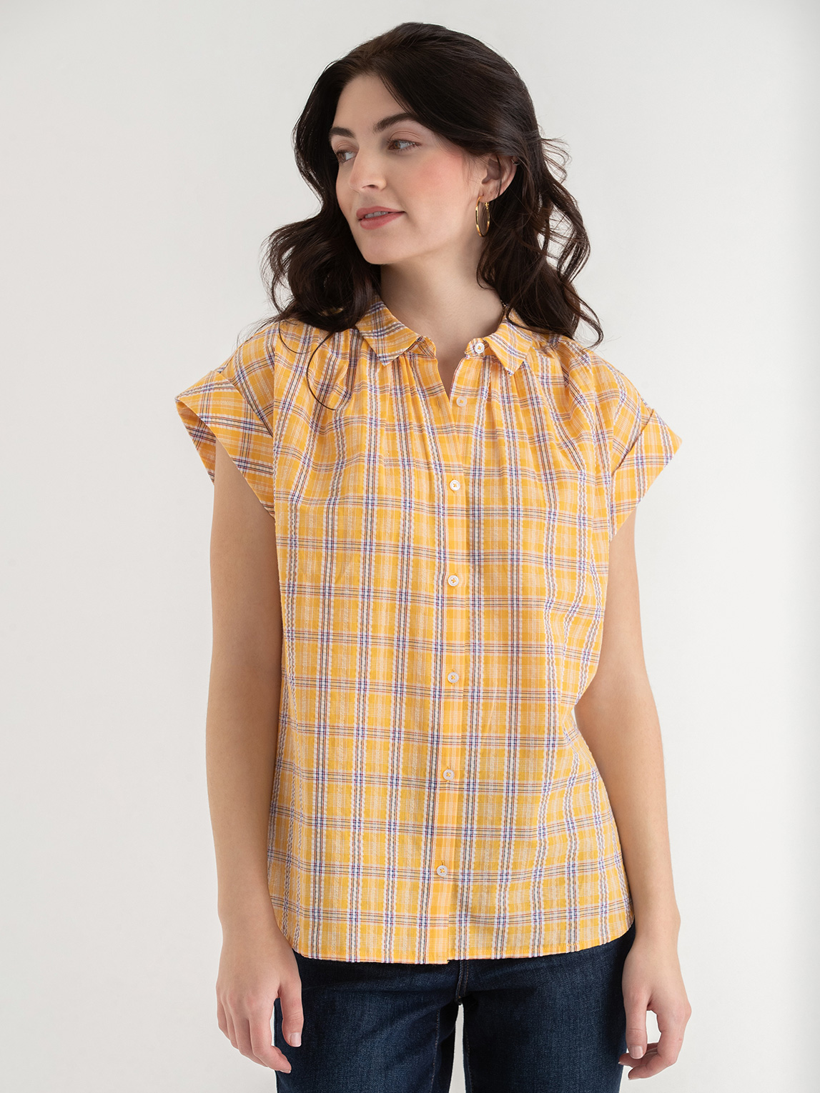 Relaxed Fit Yellow Plaid Button Up Blouse