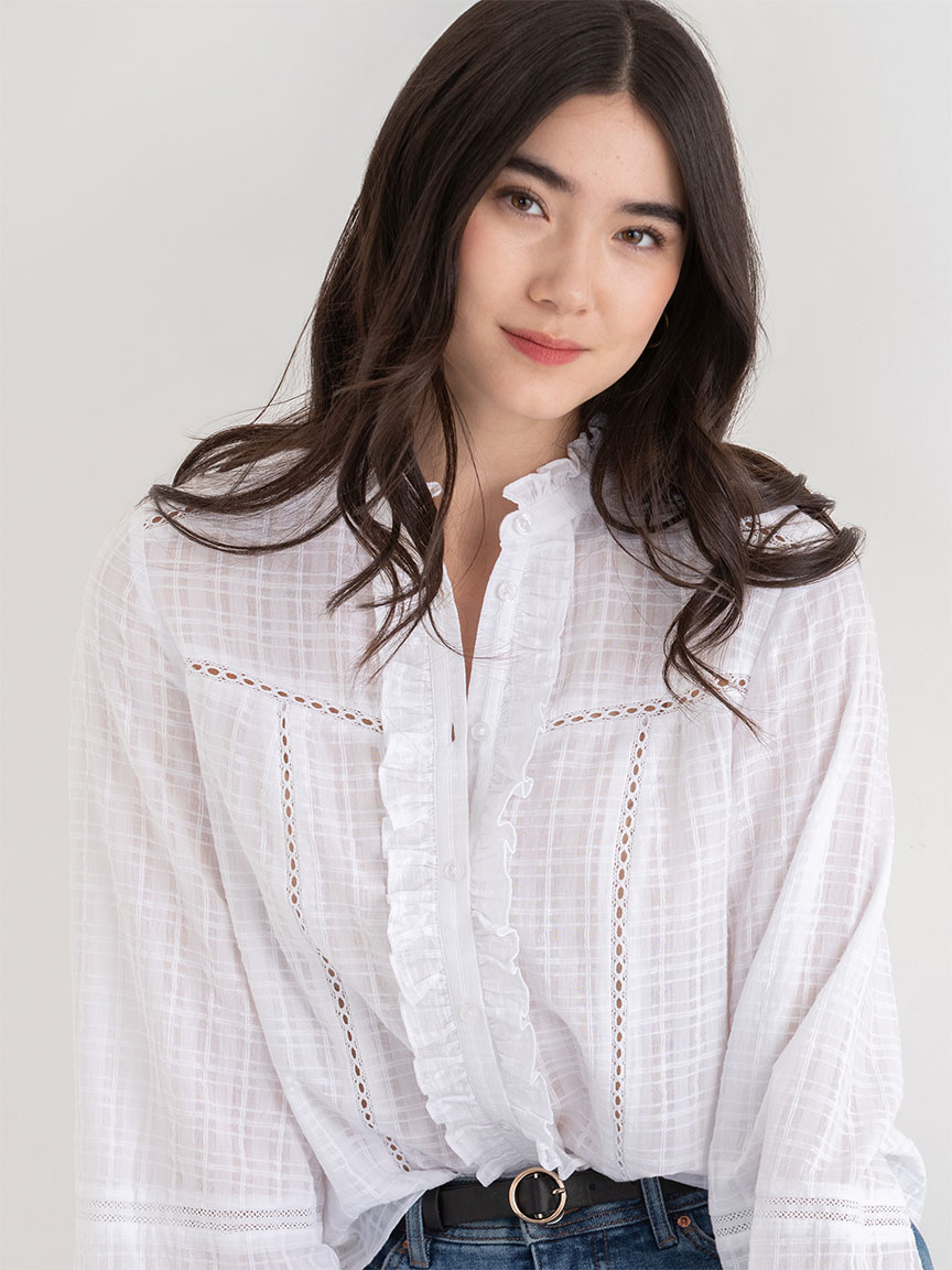 Ruffle Eyelet Long Sleeve Blouse
