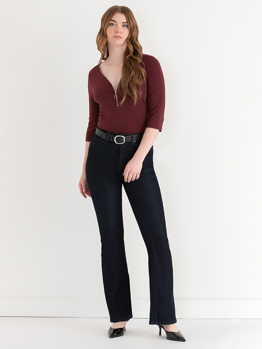V-Neck Zipper 3/4 Sleeve Top | Rickis