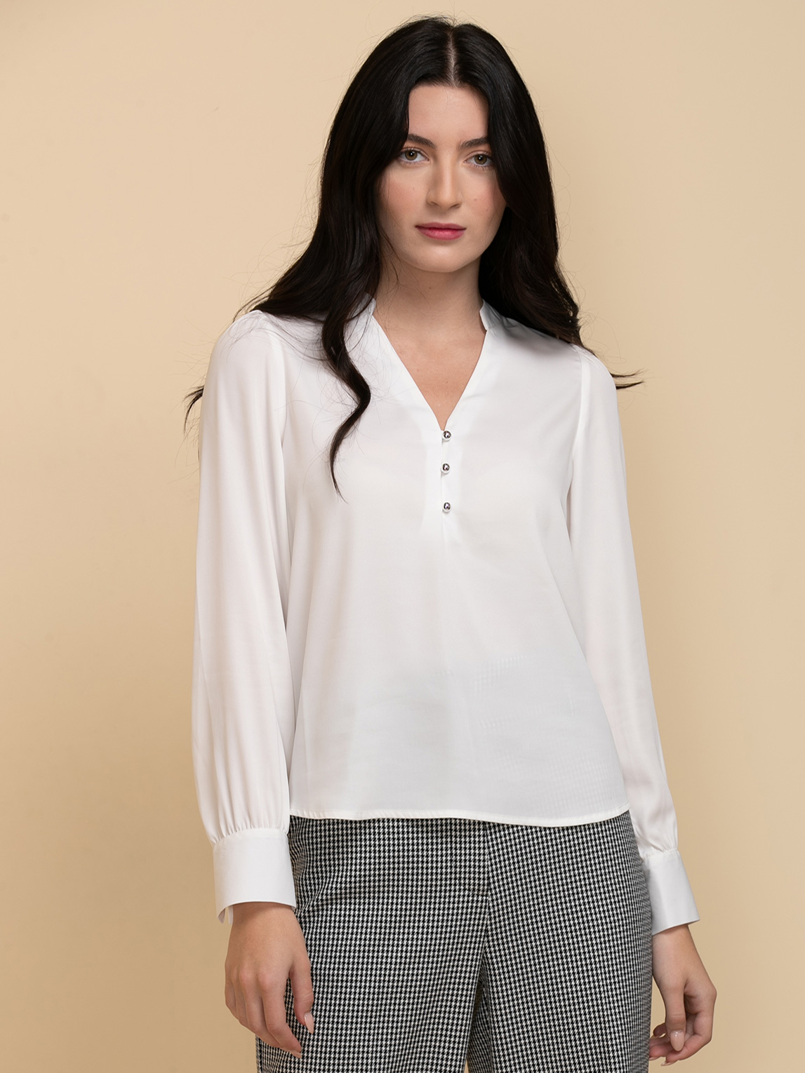 Long Sleeve V-Neck Blouse with Silver Buttons