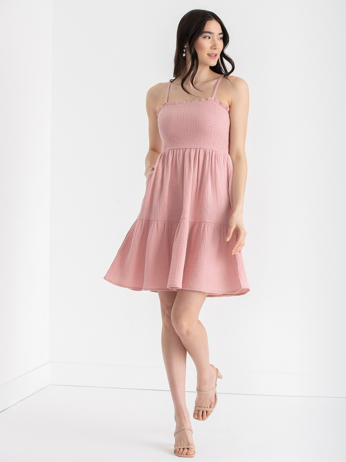 Smocked Bodice Tiered Dress Crinkle Cotton
