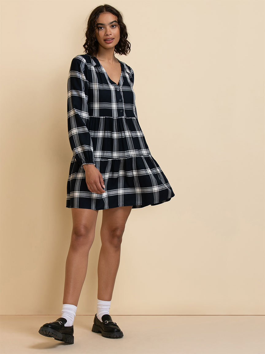 Long Sleeve Plaid Tiered Dress